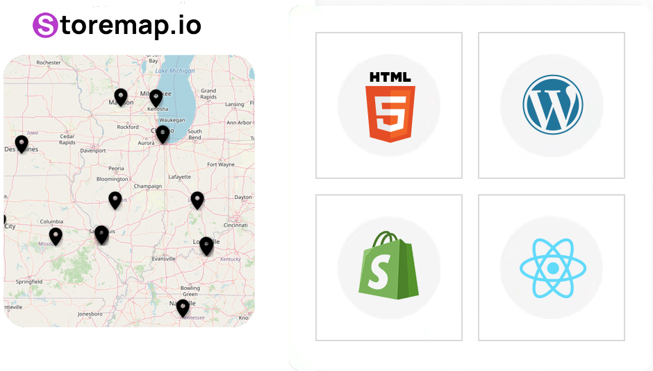 Store locator with black location pins indicating retail points, alongside logos of compatible technologies like HTML5, WordPress, Shopify, and React.